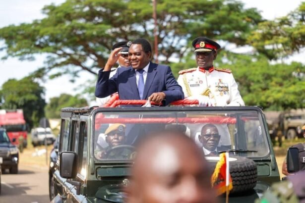 Mr Hakainde Hichilema with the Zambia Army, directing its commander, Lieutenant General Geoffrey Zyeele